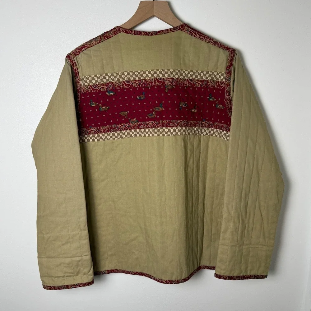 Vintage Quilted Jacket Womens Large Tan Red Duck Paisley Patchwork Handmade Boho